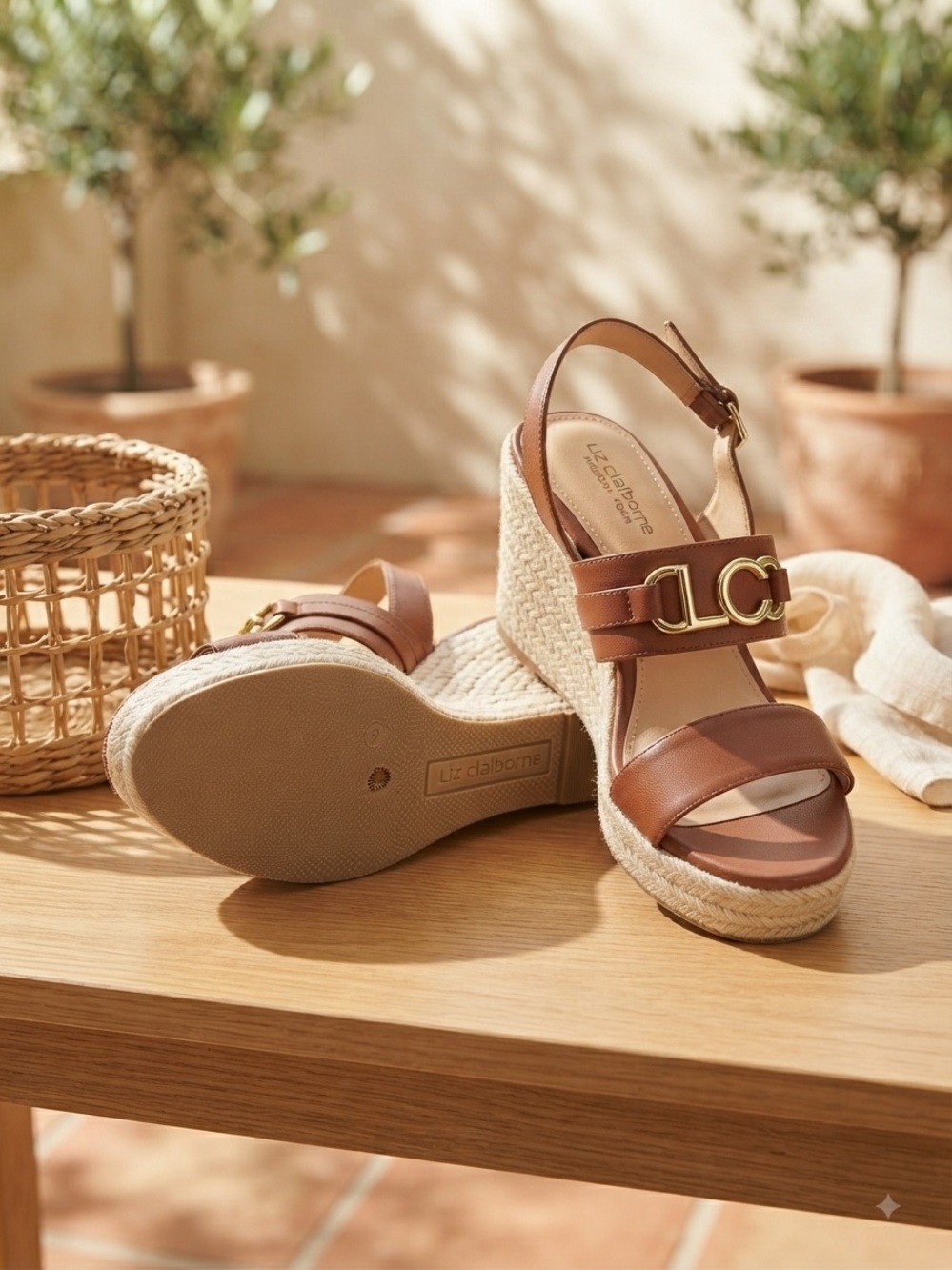 Liz Claiborne Tan Leather Espadrille Wedge Sandals with Gold Accent women size 6